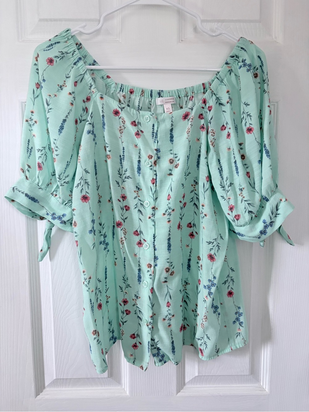 LC Lauren Conrad Mint Floral Off-Shoulder Button Blouse